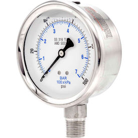 4" Pressure Gauge, Liquid Fill, 100 PSI, All Stainless Steel, Lower Mount