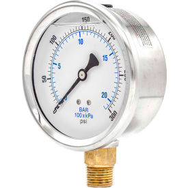 4" Pressure Gauge, Liquid Filled, 300 PSI, Stainless Case, Lower Mount