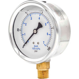 4" Pressure Gauge, Liquid Filled, 100 PSI, Stainless Case, Lower Mount