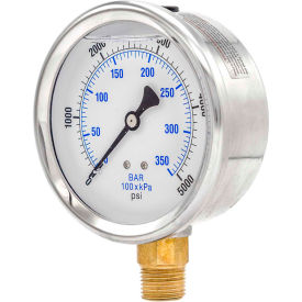 4" Pressure Gauge, Liquid Filled, 5000 PSI, Stainless Case, Lower Mount