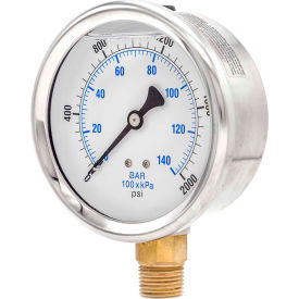 4" Pressure Gauge, Liquid Filled, 2000 PSI, Stainless Case, Lower Mount