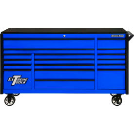 72"W x 21"D 17 Drawer Blue W/Black Pulls Triple Bank Roller Cabinet