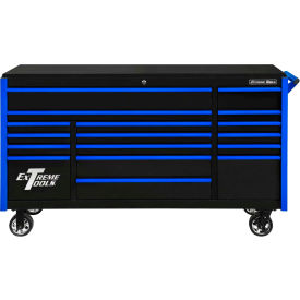 72"W x 21"D 17 Drawer Black Triple Bank Roller Cabinet Blue Pulls
