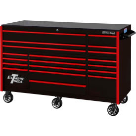 Professional 72" 19 Drawer Black Triple Bank Roller Cabinet Red Pulls