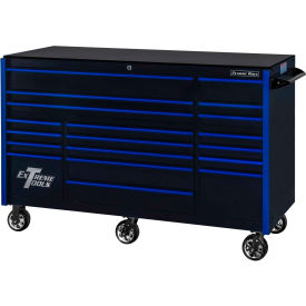 Extreme Tools Professional 72" 19 Drawer Black Triple Bank Roller Cabinet Blue Pull