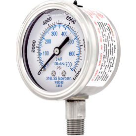 2.5" All Stainless Pressure Gauge, 1/4" NPT, 0/10,000 PSI, Glycerine Fill, LM