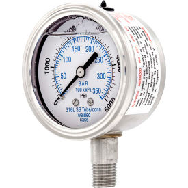 2.5" All Stainless Pressure Gauge, 1/4" NPT, 0/5000 PSI, Glycerine Filled, LM