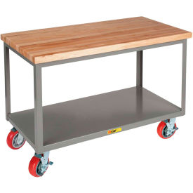 Mobile Butcher Block Top Table, 48 x 24", 2 Shelves & Wheel Brakes
