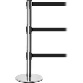 Retractable Triple Belt Barrier, 40" Stainless Steel Post, 11' Black Belt