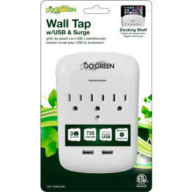 3 Outlet wall tap with 2 USB ports, 735 Joules - White