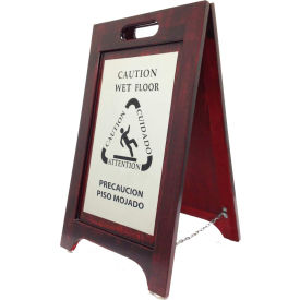 Wooden Bilingual Wet Floor Sign - Walnut Finish