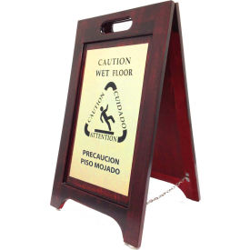 Wooden Bilingual Wet Floor Sign - Walnut Finish - Brass Plate