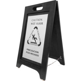 Wooden Bilingual Wet Floor Sign - Black Finish - Nickel Plate