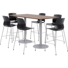 Table & Stool Set, 72"Lx36"W, Teak Table With Black Stools