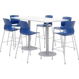 Table & Stool Set, 72"Lx36"W, White Table With Navy Stools