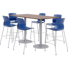 Table & Stool Set, 72"Lx36"W, Teak Table With Navy Stools