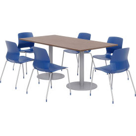 Table & Chair Set, 72"Lx36"W, Teak Table With Navy Chairs