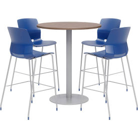 36" Round Bistro Table & 4 Barstool Set, Studio Teak Table With Navy Stools