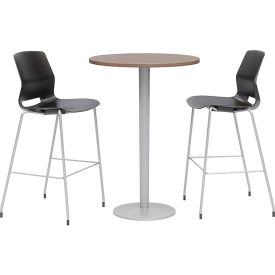 20-1/2" Round Bistro Table & 2 Barstool Set, Teak Table With Black Stools