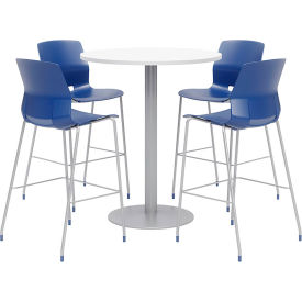 42" Round Bistro Table & 4 Barstool Set, White Table With Navy Stools