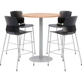 42" Round Bistro Table & 4 Barstool Set, Maple Table With Black Stools