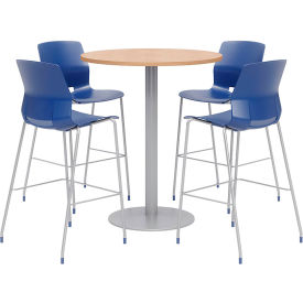 42" Round Bistro Table & 4 Barstool Set, Maple Table With Navy Stools