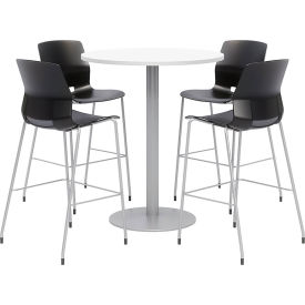 36" Round Bistro Table & 4 Barstool Set, White Table With Black Stools
