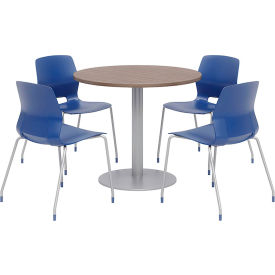 42" Round Table & Chair Set, Teak Table With Navy Chairs