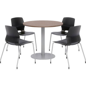 36" Round Table & Chair Set, Studio Teak Table With Black Chairs