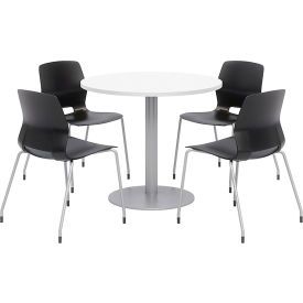 36" Round Table & Chair Set, Designer White Table With Black Chairs
