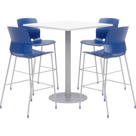 42" Square Bistro Table & 4 Barstool Set, White Table With Navy Stools