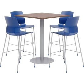 42" Square Bistro Table & 4 Barstool Set, Teak Table With Navy Stools
