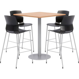 42" Square Bistro Table & 4 Barstool Set, Maple Table With Black Stools