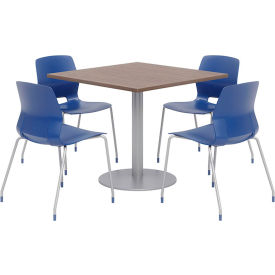 42" Square Table & 4 Chair Set, Teak Table With Navy Chairs