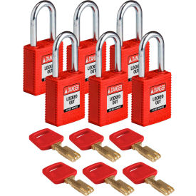 NYL-RED-38ST-KD6PK SafeKey Lockout Padlock Nylon 1.5" Steel Shackle Key Different