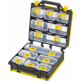 Bin Compartment Case - 2 Sided, 12 Locking Bins, 26"L x 12"W x 3"H - Black/Yellow