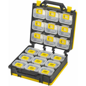 Bin Compartment Case - 2 Sided, 18 Locking Bins, 26"L x 12"W x 3"H - Black/Yellow
