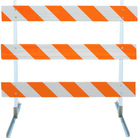 Plasticade Type III Barricade with Plastic Uprights, Angle Iron Feet, HIP Striped Sheeting, 96'' Length