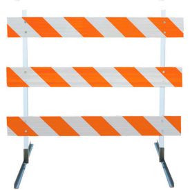 Plasticade Type III Barricade with Plastic Uprights and Angle Iron Feet, HIP Striped Sheeting, 72 inches Length