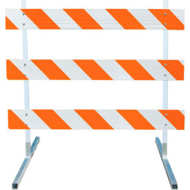 Plasticade Type III Barricade with Plastic Uprights and Steel Tube Feet, HIP Striped Sheeting, 96 inches Long