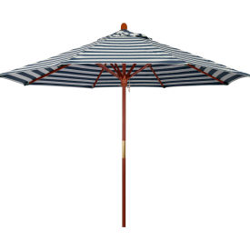9' Patio Umbrella - Navy White Cabana Stripe - Hardwood Pole