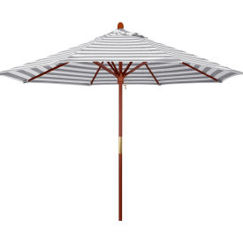 9' Patio Umbrella - Gray White Cabana Stripe - Hardwood Pole