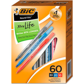 Round Stic Xtra Precision Stick Ballpoint Pen, 1mm, Assorted Ink/Barrel, 60/Pack