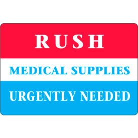 "Rush Medical Supplies" Labels, 4"L x 2-3/4"W, Red/White/Blue, Roll of 500