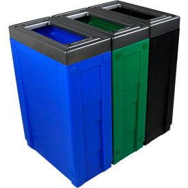 Evolve Triple Recycling & Trash Can, Cans & Bottles/Paper, 69 Gallon, Blue/Green/Black