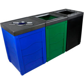Evolve Triple Recycling & Trash Can, 150 Gallon, Blue/Green/Black