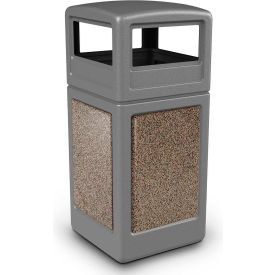 Square Waste Container w/Dome Lid, Gray w/Riverstone Stone Panels, 42-Gallon