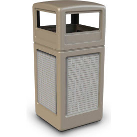 Square Waste Container w/Dome Lid, Beige w/Horz Stainless Steel Panels, 42-Gallon