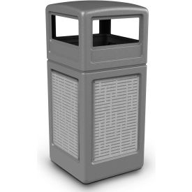 Square Waste Container w/Dome Lid, Gray w/Horz Stainless Steel Panels, 42-Gallon