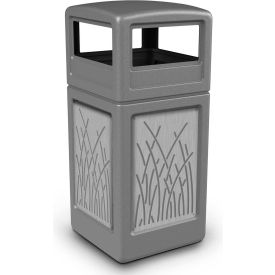 PolyTec Square Waste Container w/Dome Lid, Gray w/Reeds Stainless Steel Panels, 42-Gallon
